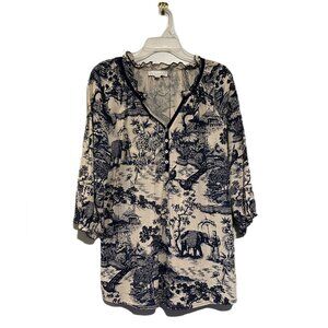 Suzanne Betro Blue Toile Linen Look Cotton Top - Shell Buttons XL